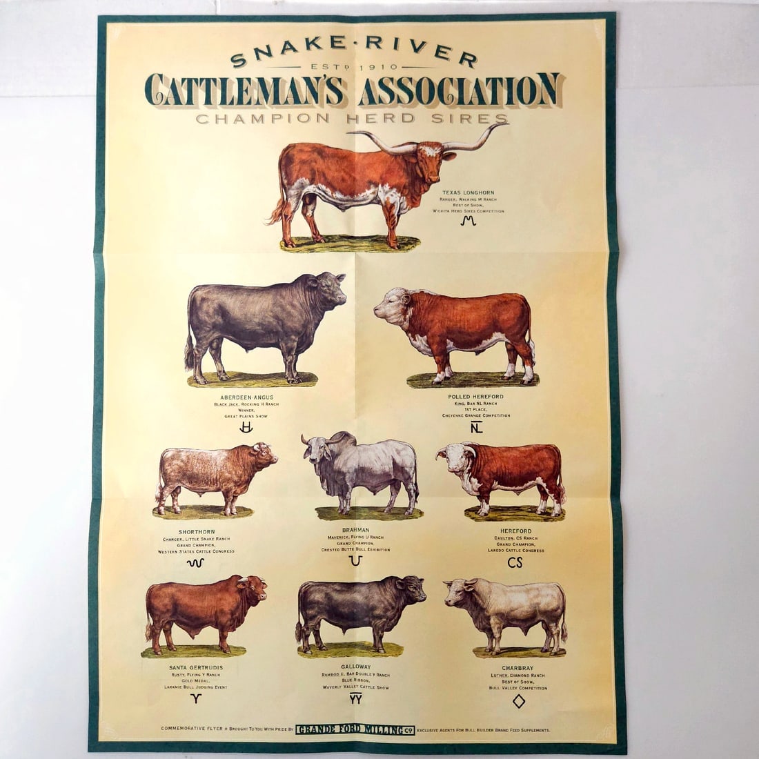 Cattleman's Association Champion Herd Sires Folded Poster: Title: Cattleman's Association Champion Herd Sires Folded Poster Description: Snake River ESTd. 1910 Cattleman's Association Champion Herd Sires Folded Poster Measures 17"X24" Pictured are 9 champion