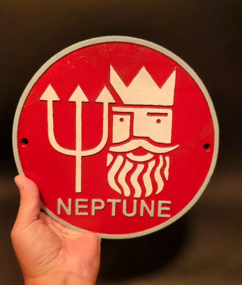 Cast Iron Round Red Neptune Gas Oil Sign Plaque: 9 1/2" round 1/4" thick Such a neat reproduction cast iron plaque/sign. This sign is all solid cast iron. Hand painted, wonderful signs of wear and distress. Hard to tell its age! Reserve: $26.00 Ship