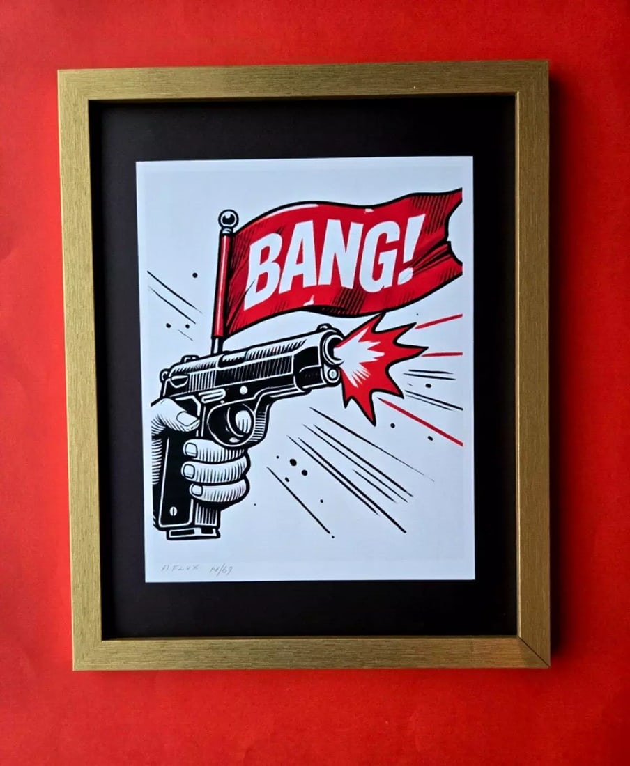AIDAN FLUX | Hand Signed Original Print Framed LtdEd of 69 COA PISTOL BANG FLAG: This is a Stunning and Scarce 100% Authentic New Print by Aidan Flux AIDAN Flux represents a new wave of artists who embrace technology as a partner in creation, crafting works that resonate with the