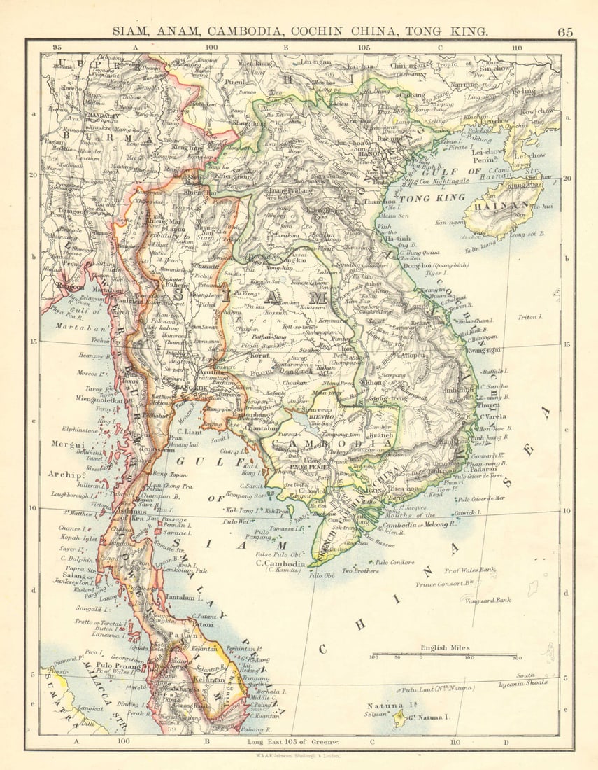 INDOCHINA.Siam with British & French spheres. Burma Cambodia Anam 1899 map (1 of 1)