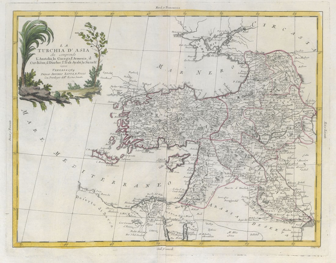 La Turchia d'Asia che comprende l'Anatolia… Turkey & Levant. ZATTA 1785 map: TITLE/CONTENT OF MAP: 'La Turchia d'Asia che comprende l'Anatolia, la Giorgia, l'Armenia, il Curdistan, il Diarbec, l'Irak-Arabi, la Siria &c.' Turkey in Asia, including Anatolia, Georgia, Armenia, Ku