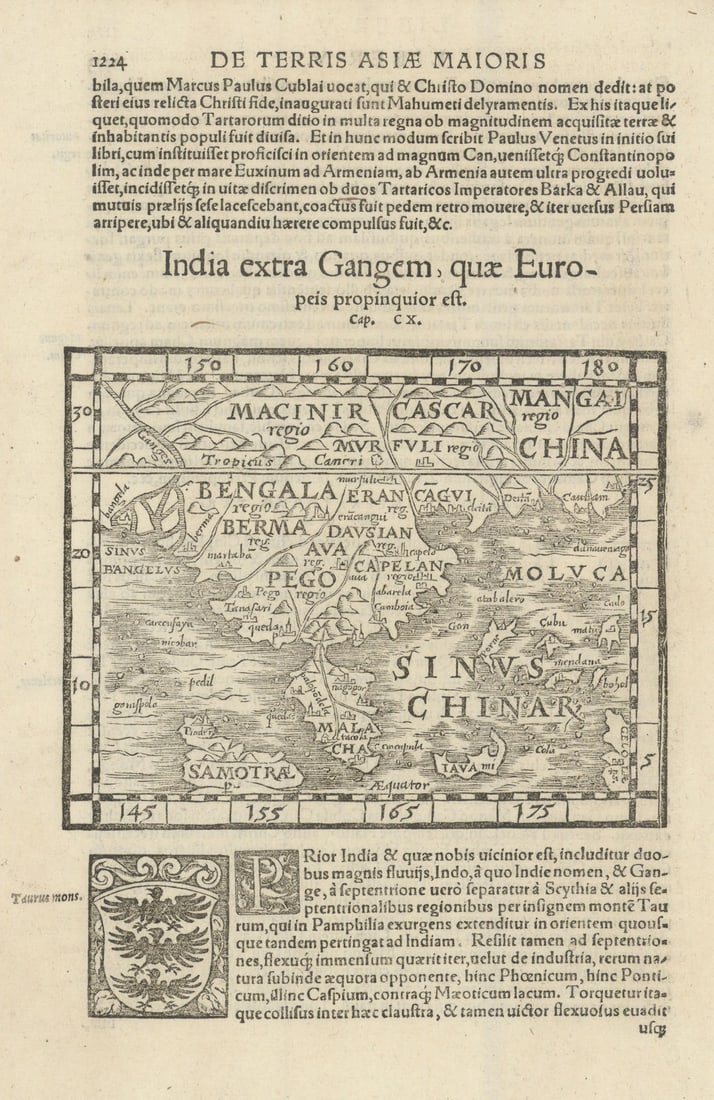 lndia extra Gangem… India beyond the Ganges. Indochina. MÜNSTER 1572 old map: CAPTION PRINTED BELOW PICTURE: lndia extra Gangem, quae Europeis propinquior est [India beyond the Ganges - Indochina, Indonesia & the Philippines] DATE PRINTED: 1572 IMAGE SIZE: Approx 27.5 x 18.0cm,