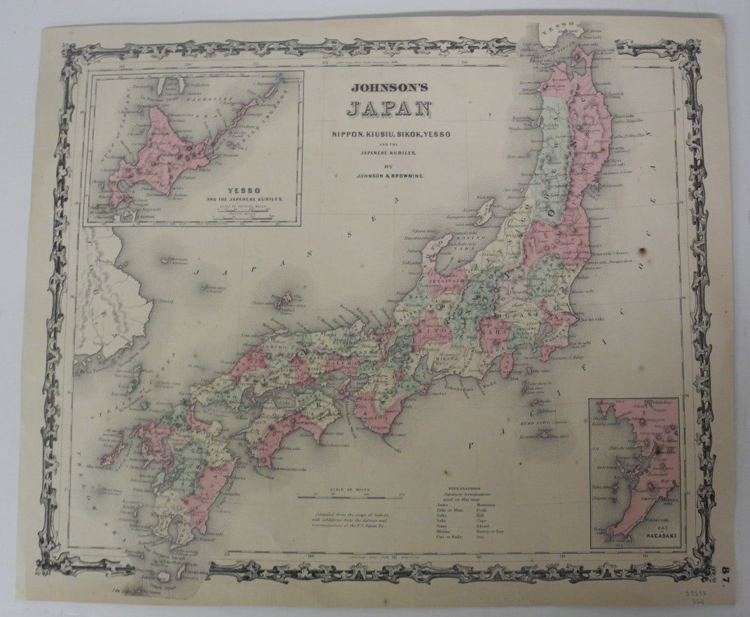 Johnson's Japan Nippon, Kiusiu, Sikok, Yesso and the Japanese Kuriles: Publication Date: 1861 Title: Johnson's Japan Nippon, Kiusiu, Sikok, Yesso and the Japanese Kuriles Cartographer: J. H. Colton Publisher: Johnson & Browning Height: 12.25 Width: 15.25 By Johnson & Bro