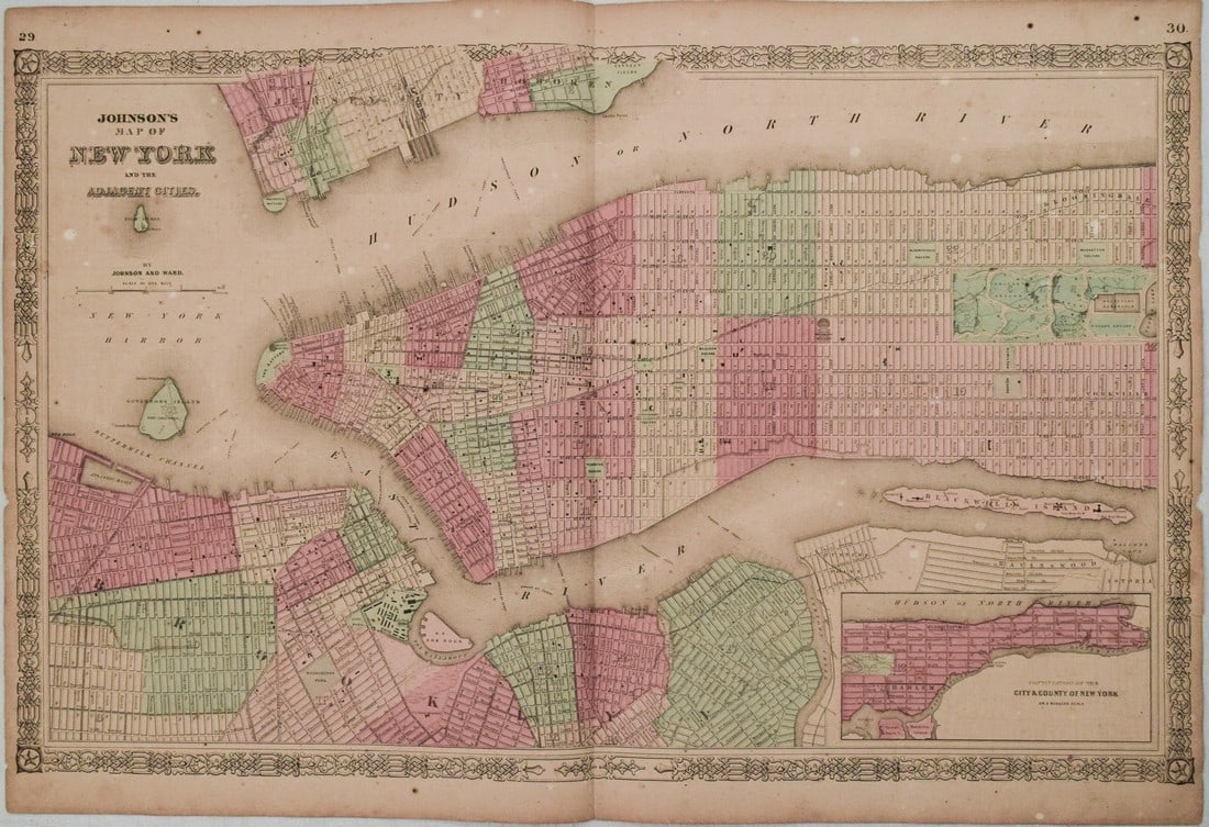 1865 Johnson Map of New York City -- Johnson's Map of New York and the Adjacent Cities (1 of 1)