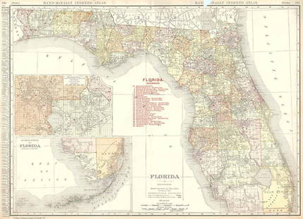Rand, McNally & Co.'s New Business Atlas Map of Florida.: Publication Date: 1910 Title: Rand, McNally & Co.'s New Business Atlas Map of Florida. Cartographer: RAND, MCNALLY & CO. Publisher: RAND, MCNALLY & CO. Height: 18.8 Width: 26 Page 150-151 from the For