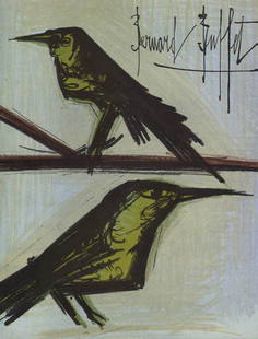 Bernard Buffet Bird Couple Original Lithograph 1967: Artist: Bernard Buffet Country: France Title: Bird Couple Medium: Original Lithograph Marks: Signed in plate, not numbered Printed: 1967 by Fernand Mourlot France Paper: Velin Acropole 12.5 x 9.5 inch