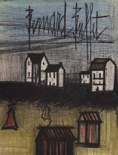 Bernard Buffet Landscape Original Lithograph 1967: Artist: Bernard Buffet Country: France Title: Landscape Medium: Original Lithograph Marks: Signed in plate, not numbered Printed: 1967 by Fernand Mourlot France Paper: Velin Acropole 12.5 x 9.5 inch
