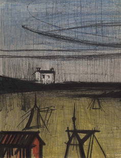 Bernard Buffet Landscape-2 Original Lithograph 1967: Artist: Bernard Buffet Country: France Title: Landscape 2 Medium: Original Lithograph Marks: Not Signed , Not numbered Printed: 1967 by Fernand Mourlot France Paper: Vellum 12.25 x 9.50 inch Pro