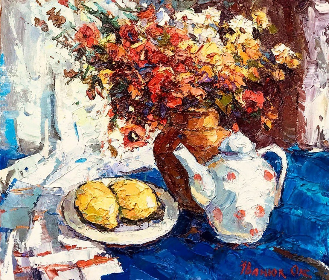 Oil painting Tea with lemon Kalenyuk Oksana: №Kalen 1011 *** ABOUT THIS PAINTING *** * TITLE: "Tea with lemon" * ARTISTS: Kalenyuk Oksana * SIZE: 30x35 cm/'11.81x13.77 inches' * MEDIUM: oil, canvas * HAND PAINTED: Original painting from ou