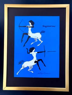 LeRoy Neiman " Femlin Zodiac Sagittarius " Signed Print Framed in a New 16x12: Beautiful and Scarce Original Vintage 1991 Femlin Print After Leroy Neiman "ZODIAC SAGITTARIUS" Signed on the Plate This piece is mounted on a 16 x 12 in. black acid free premium black board. Framed c