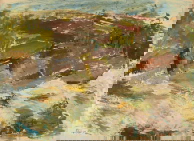 Rune P. Swedish artist. Oil on canvas. Modernist landscape. Mid 20th century. (1 of 8)