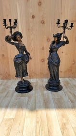 Antique Neoclassical French Spelter Bronze Candelabra Statues - Set of 2