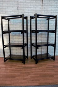Vintage Modernist Tubular Black Metal Shelving Units/Etagere with Tinted Glass - Pair