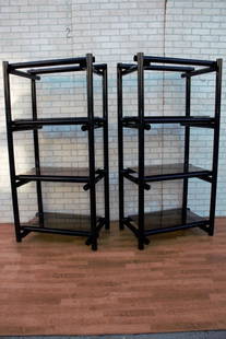 Vintage Modernist Tubular Black Metal Shelving Units/Etagere with Tinted Glass - Pair: Vintage from before 2000 Vintage Modernist Tubular Black Metal Shelving Units/Etagere with Tinted Glass - Pair Vintage Modernist Smoked Glass and Tubular Chrome Étagère. These modern style e