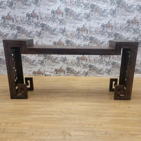 Antique Shanxi Province Elm Carved Side Altar Table with Turned Legs