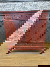 Antique Shanxi Province Red Lacquered Elm Storage Cabinet With Drawers