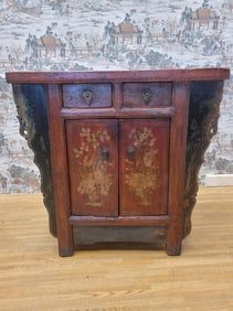 Antique Shanxi Province Winged Red Lacquer Painted Small Cabinet