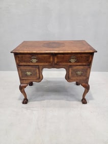 Antique English Queen Anne Style Burl and Oak Writing Desk