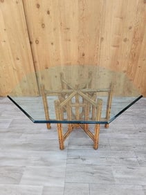 Vintage Coastal McGuire Rattan and Bamboo Bundle Base Octagon Glass Top Dining Table