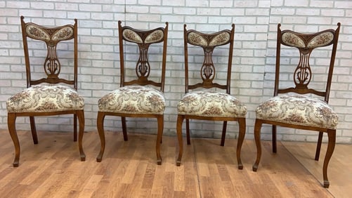 Antique Art Nouveau Style Dining Chairs with Needlepoint Upholstery- Set of 4