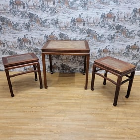 Vintage Shanxi Province Elmwood Wicker Rattan End/Side Tables - Set of 3