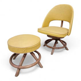 Mid Century Modern Saarinen Style Rattan Swivel Base Chair and Ottoman - 2 Piece Set (1 of 10)