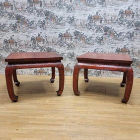 Antique Shanxi Province Red Lacquer Elm Side Tables - Pair