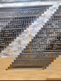 Exquisite Antique Shanxi Elmwood Door Panel Cabinet with Elaborate Lattice Carvings