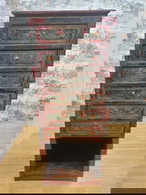 Antique Hand Painted Tibetan Cabinet with Drawers and Display Shelf
