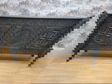 Vintage Chinese Carved Ornate Elmwood Sideboard featuring Horse Motifs