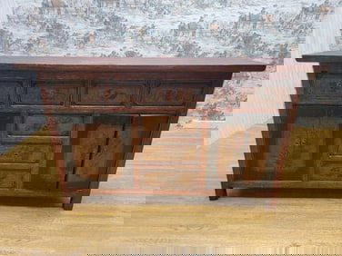 Antique Shanxi Province Red Lacquered & Elmwood Hand Painted Sideboard