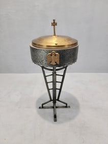 Vintage Hammered Forged Iron & Brass Sliding-Top Baptismal Font