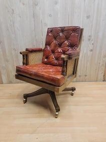 Vintage English William IV Style Button Tufted Leather Swivel Armchair By Baker