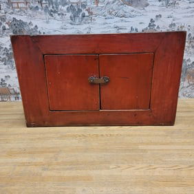 Antique Tibetan Small Elm Red Lacquer 2 Door Chest