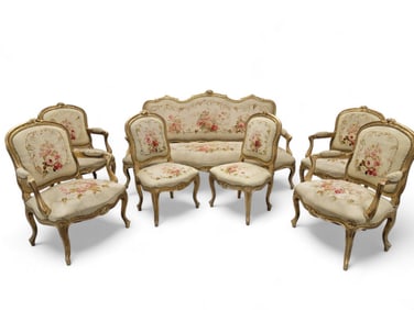 Antique French Napoleon Giltwood Aubusson Settee & Fauteuils 7 Piece Parlor Set