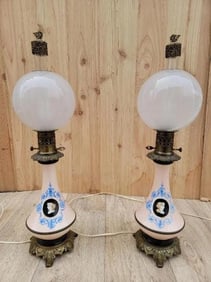 Antique French Hand Painted Porcelain & Brass Electric Petroleum Table Lamps - Pair