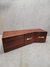 Mid Century Modern Campaign Style Sculptural Walnut Credenza