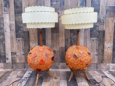 Mid Century Modern Chunky Lucite Orange Rock Candy Swag Ball Table Lamp - Pair