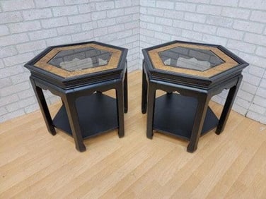 Vintage Chinoiserie Style Ebony and Burled-Wood with Smoked Glass Insert Hexagon Side Tables - Pair