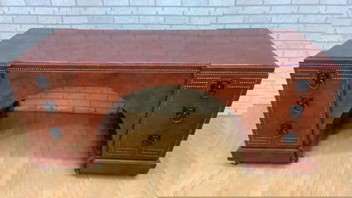 Vintage Baroque Style Leather Wrapped Studded Partner Desk with Lion Pulls