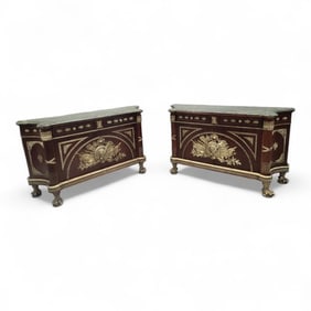 Vintage French Regency Style Brass Ormolu Mounted Marble Top Sideboard/Cabinet - Pair
