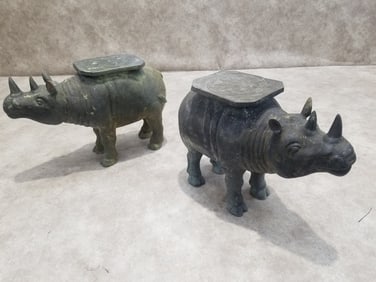 Antique Balinese Hammered Bronze Saddled Rhino Plant Stand/Cocktail Table - Set of 2