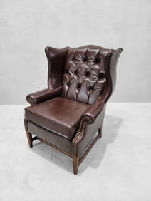 Vintage English Chesterfield Style Wingback Chair Newly Upholstered in Leather