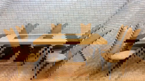 Vintage Art Deco Italian Maple and Black Lacquer Extending Dining Table with 6 High Back Dining