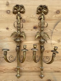 Antique Italian Federal Style Figural Carved Gold Gilded Candle Wall Sconce - Pair
