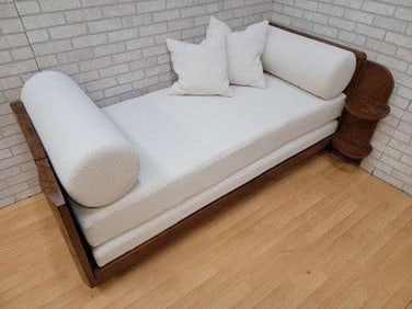 Antique French Art Deco Burled Walnut Daybed Newly Upholstered White Boucle