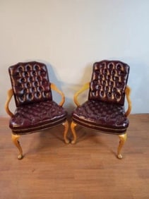 Vintage Traditional Georgian Style Tufted Burgundy Naugahyde Armchairs - Pair