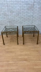 Hollywood Regency Antique Gold Forged Wrought Iron Glass Top Side Tables - Pair