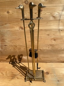 Vintage French Neoclassical Style Brass Mallard Duck Head Fireplace Tools - 5 Piece Set