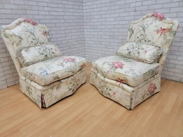 Vintage French Provincial Floral Upholstered Armless Slipper Chairs by Baker Furniture Co. - Pair